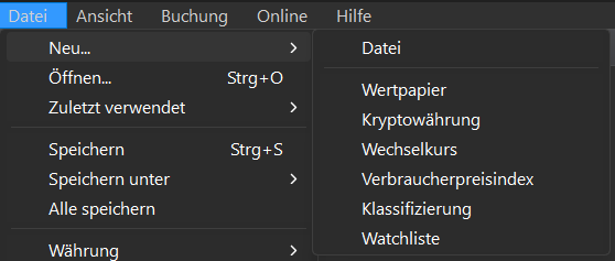 Screenshot des Menü Datei - Neu